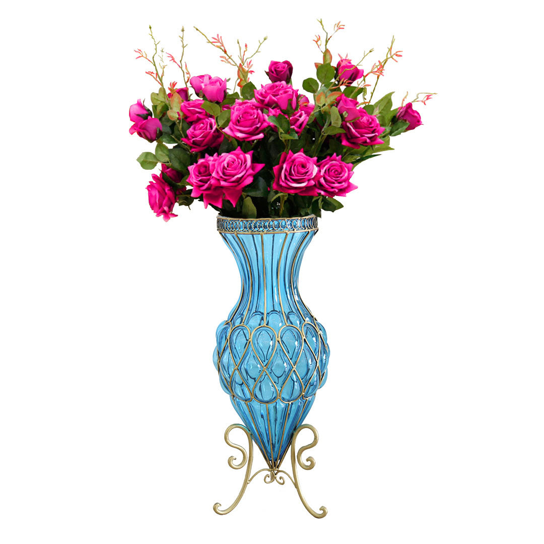 SOGA 67cm Blue Glass Tall Floor Vase and 12pcs Dark Pink Artificial Fake Flower Set • LUZ-Vase0053BluewRedF12