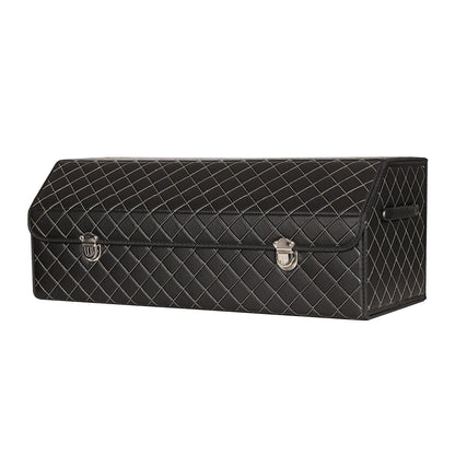 SOGA Leather Car Boot Collapsible Foldable Trunk Cargo Organizer Portable Storage Box Black/White Stitch with Lock Large • LUZ-StorageBLK388