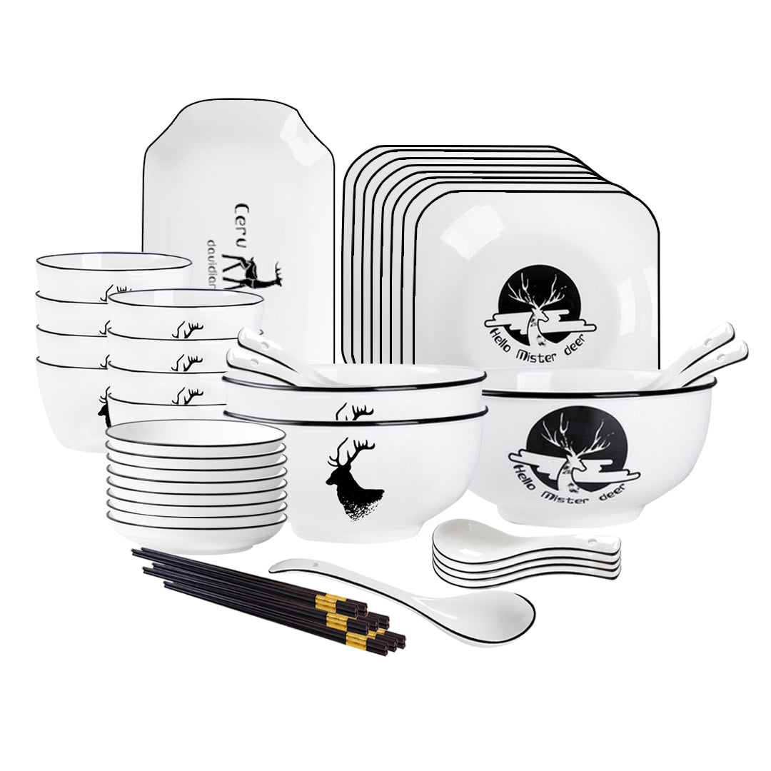 SOGA White Antler Printed Ceramic Dinnerware Set Crockery Soup Bowl Plate Server Kitchen Home Decor Set of 28 • LUZ-BowlG775