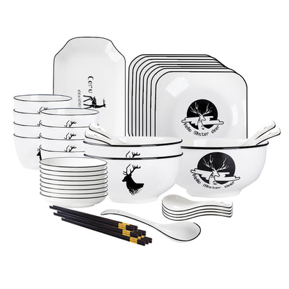 SOGA White Antler Printed Ceramic Dinnerware Set Crockery Soup Bowl Plate Server Kitchen Home Decor Set of 28 • LUZ-BowlG775