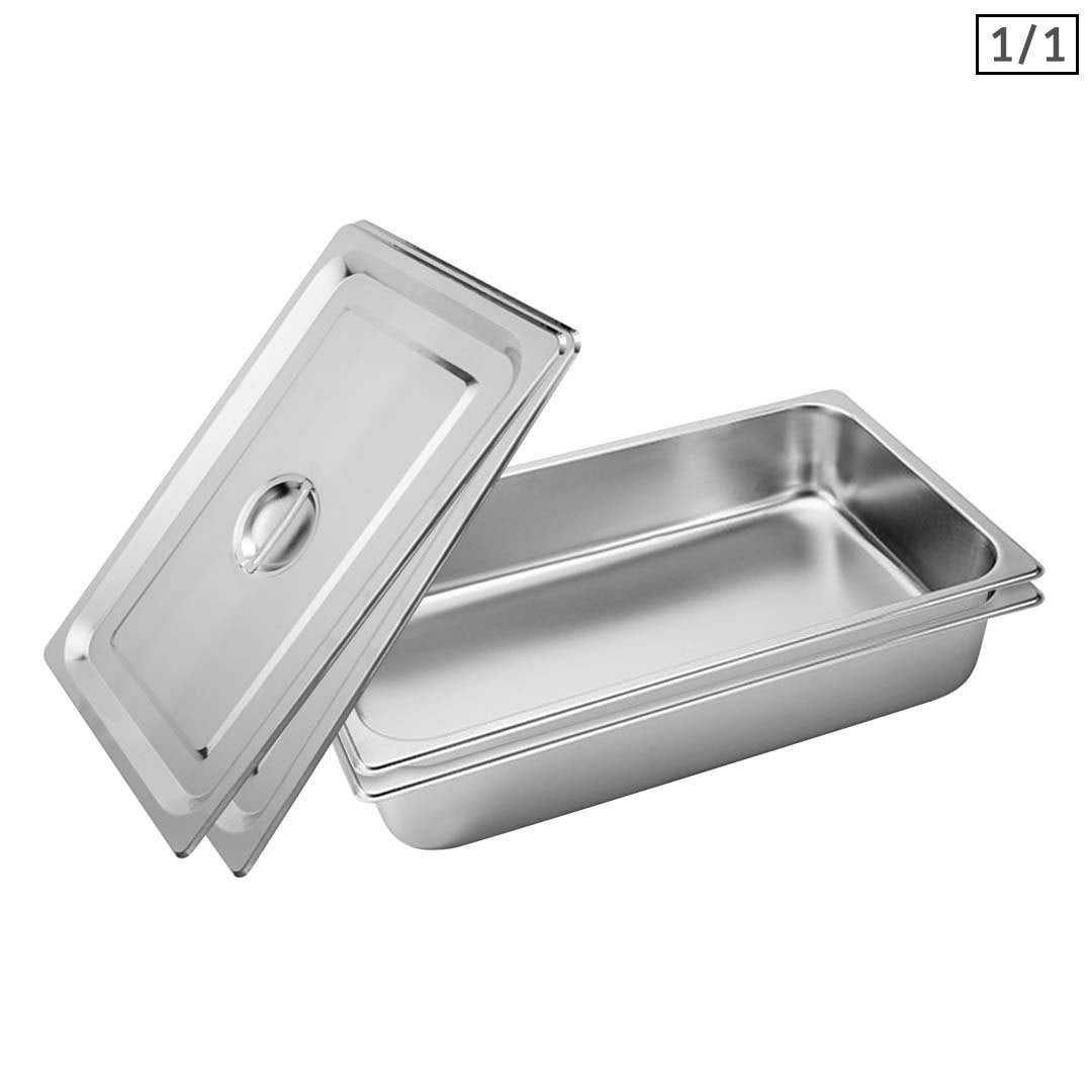 SOGA 2X Gastronorm GN Pan Full Size 1/1 GN Pan 10cm Deep Stainless Steel Tray With Lid • LUZ-GP5404wLidX2