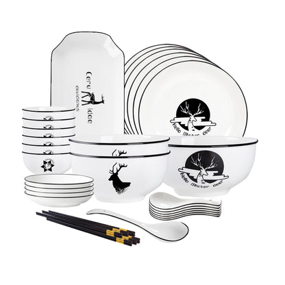SOGA White Antler Printed Ceramic Dinnerware Set Crockery Soup Bowl Plate Server Kitchen Home Decor Set of 20 • LUZ-BowlG774