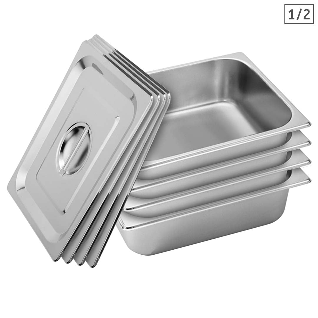 SOGA 4X Gastronorm GN Pan Full Size 1/2 GN Pan 10cm Deep Stainless Steel Tray With Lid • LUZ-GP5410wLidX4