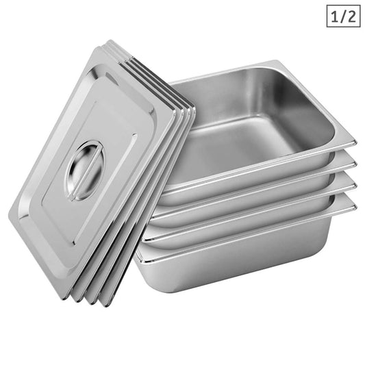 SOGA 4X Gastronorm GN Pan Full Size 1/2 GN Pan 10cm Deep Stainless Steel Tray With Lid • LUZ-GP5410wLidX4