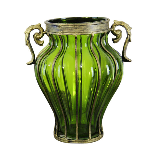 SOGA Green Colored European Glass Home Decor Flower Vase with Two Metal Handle • LUZ-HO-VaseYG8054