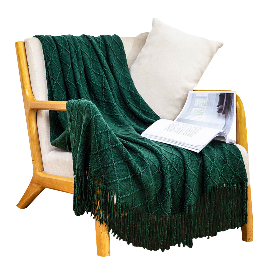 SOGA Green Diamond Pattern Knitted Throw Blanket Warm Cozy Woven Cover Couch Bed Sofa Home Decor with Tassels • LUZ-Blanket903