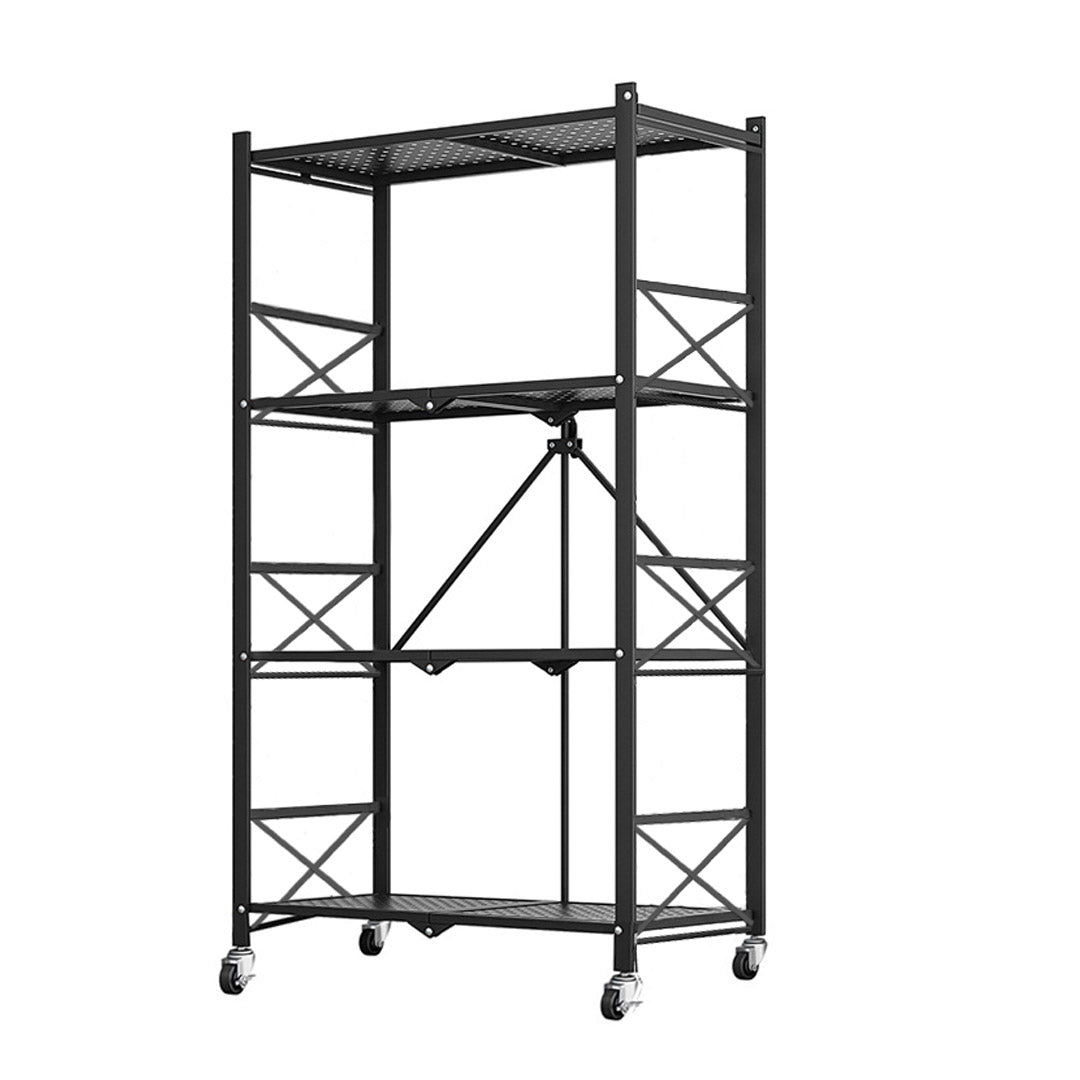 SOGA 4 Tier Steel Black Foldable Display Stand Multi-Functional Shelves Portable Storage Organizer with Wheels • LUZ-KitchenXY029BLK