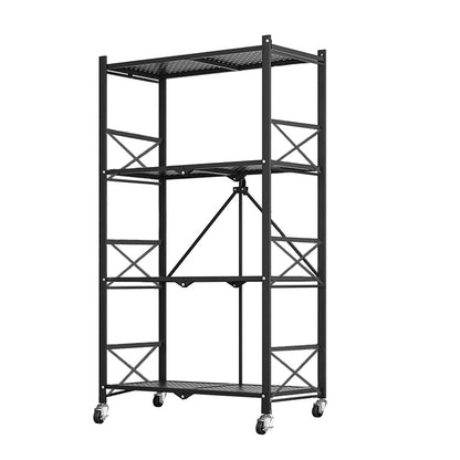 SOGA 4 Tier Steel Black Foldable Display Stand Multi-Functional Shelves Portable Storage Organizer with Wheels • LUZ-KitchenXY029BLK