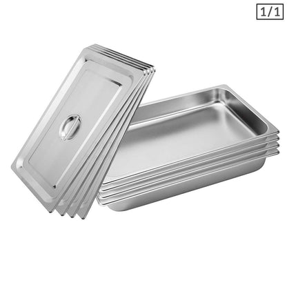 SOGA 4X Gastronorm GN Pan Full Size 1/1 GN Pan 6.5cm Deep Stainless Steel Tray With Lid • LUZ-GP5403wLidX4
