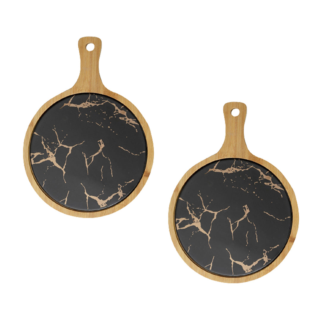 SOGA 2X 30cm Black Circle Wooden Serving Tray Slate Steak Serving Platter Chopping Board Paddle Home Decor • LUZ-WodE593X2