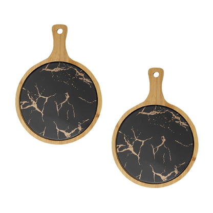 SOGA 2X 30cm Black Circle Wooden Serving Tray Slate Steak Serving Platter Chopping Board Paddle Home Decor • LUZ-WodE593X2