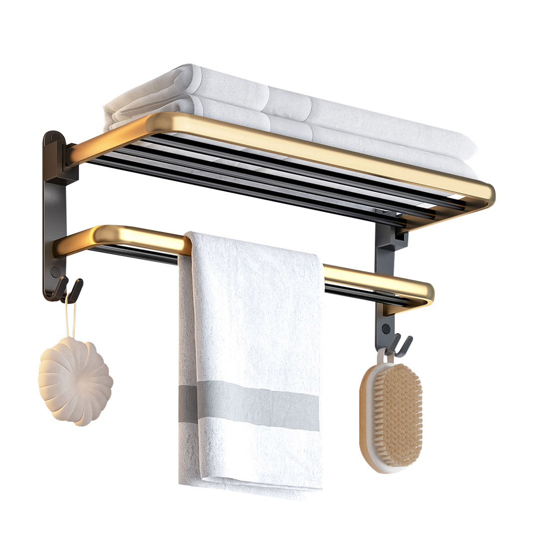 SOGA 62cm Wall-Mounted Double Pole Towel Holder Bathroom Organiser Rail Hanger with Hooks LUZ-TAN1012