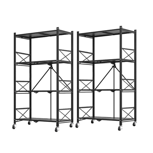 SOGA 2X 4 Tier Steel Black Foldable Display Stand Multi-Functional Shelves Portable Storage Organizer with Wheels • LUZ-KitchenXY029BLKX2