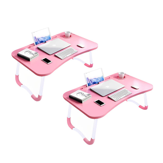 SOGA 2X Pink Portable Bed Table Adjustable Folding Mini Desk Notebook Stand Card Slot Holder with Cup-Holder Home Decor • LUZ-BedTableH302X2