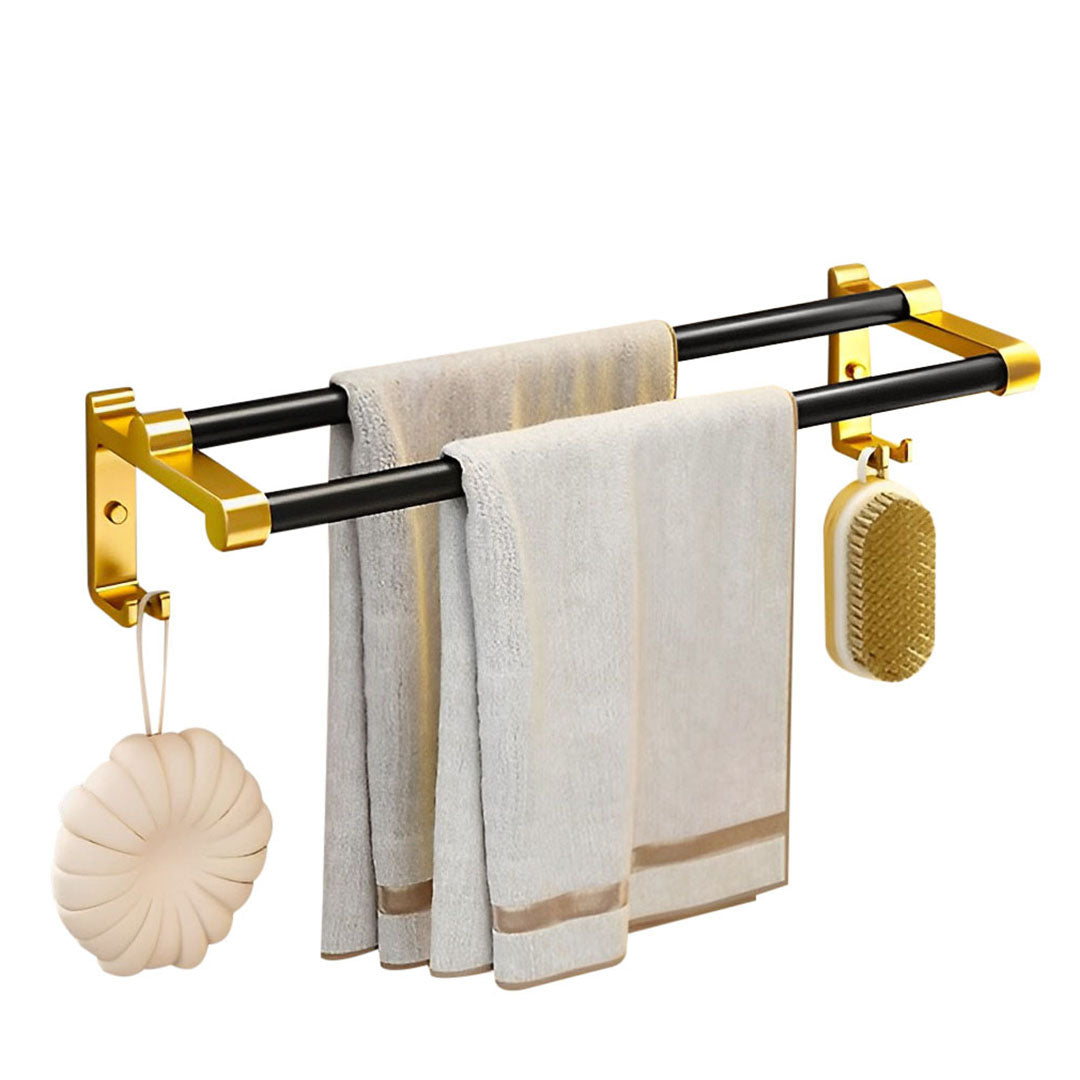 SOGA 61cm Wall-Mounted Double Pole Towel Holder Bathroom Organiser Rail Hanger with Hooks • LUZ-TAN1010