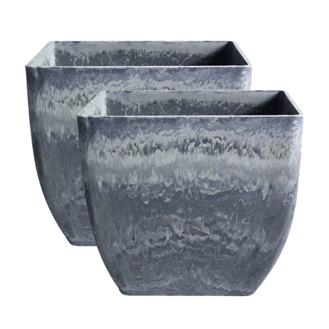 SOGA 2X 27cm Weathered Grey Square Resin Plant Flower Pot in Cement Pattern Planter Cachepot for Indoor Home Office • LUZ-FPotF2724X2