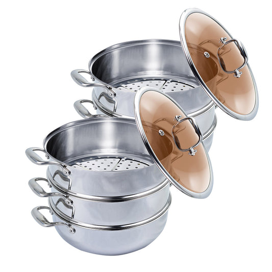 SOGA 2X 3 Tier 28cm Heavy Duty Stainless Steel Food Steamer Vegetable Pot Stackable Pan Insert with Glass Lid • LUZ-SteamerTRISTQ28X2