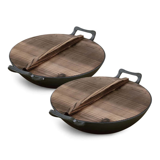 SOGA 2X 36CM Commercial Cast Iron Wok FryPan with Wooden Lid Fry Pan • LUZ-ZPaiB1X2
