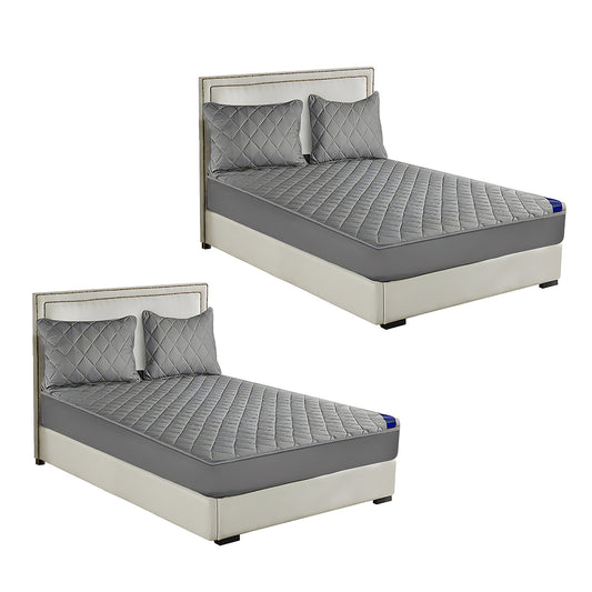SOGA 2X Grey 183cm Wide Cross-Hatch Mattress Cover Thick Quilted Stretchable Bed Spread Sheet Protector with Pillow Covers • LUZ-BCover4007X2