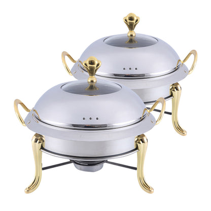 SOGA 2X Stainless Steel Gold Accents Round Buffet Chafing Dish Cater Food Warmer Chafer with Glass Top Lid • LUZ-ChafingDishSoupGoldX2