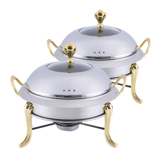 SOGA 2X Stainless Steel Gold Accents Round Buffet Chafing Dish Cater Food Warmer Chafer with Glass Top Lid • LUZ-ChafingDishSoupGoldX2