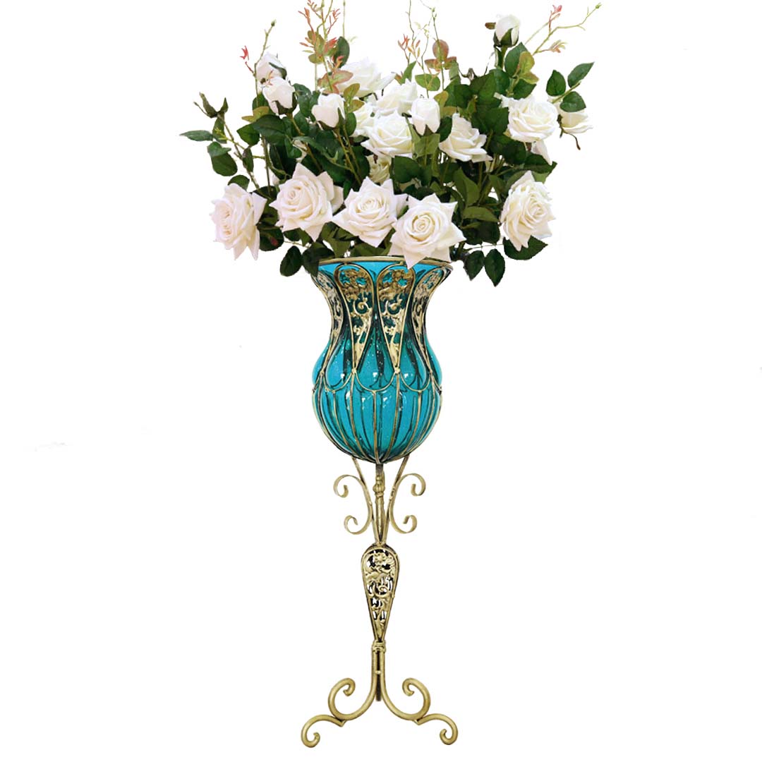 SOGA 85cm Blue Glass Tall Floor Vase and 12pcs White Artificial Fake Flower Set • LUZ-Vase3019BluewWhiteF12