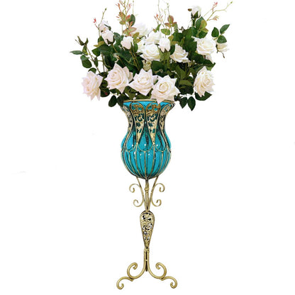 SOGA 85cm Blue Glass Tall Floor Vase and 12pcs White Artificial Fake Flower Set • LUZ-Vase3019BluewWhiteF12