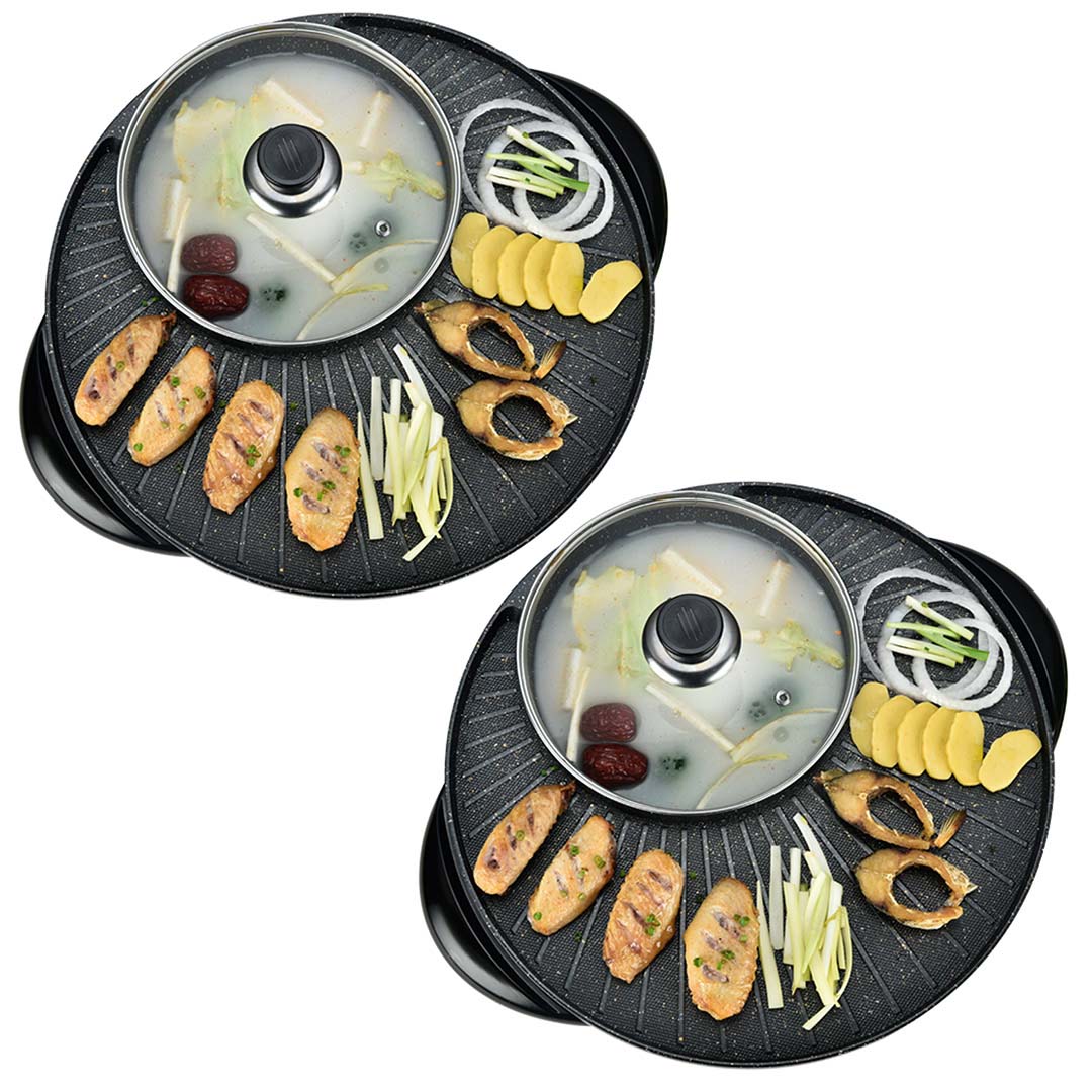 SOGA 2X 2 in 1 Electric Stone Coated Teppanyaki Grill Plate Steamboat Hotpot 3-5 Person • LUZ-SteamboatHotPotandGrillRoundX2