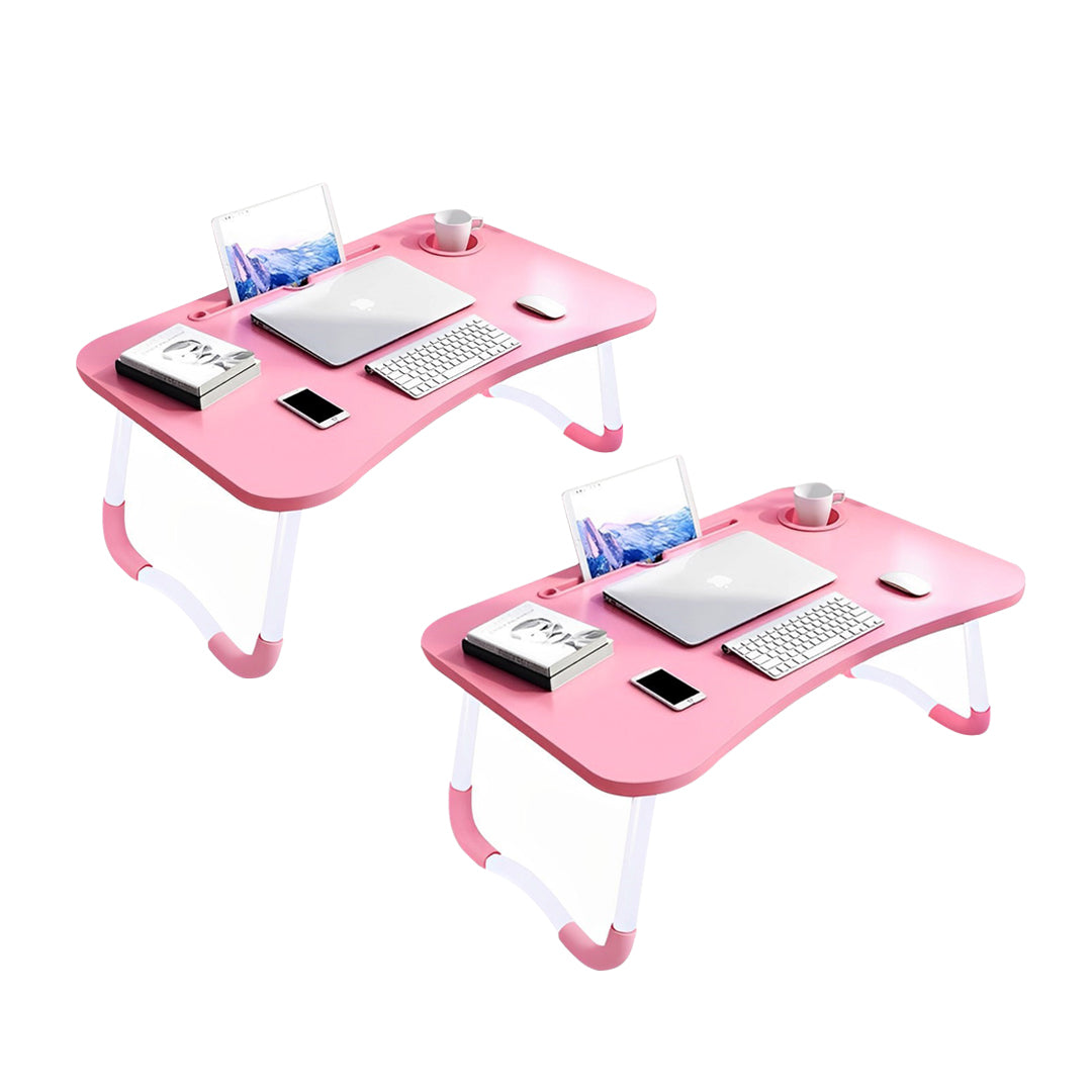 SOGA 2X Pink Portable Bed Table Adjustable Folding Mini Desk Notebook Stand Card Slot Holder with Cup-Holder Home Decor • LUZ-BedTableH302X2