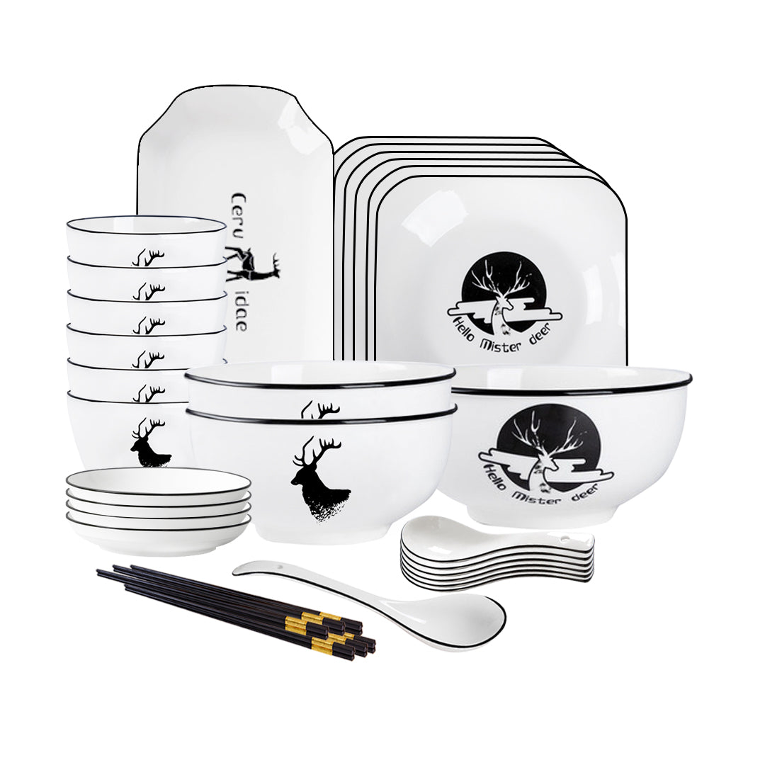 SOGA White Antler Printed Ceramic Dinnerware Set Crockery Soup Bowl Plate Server Kitchen Home Decor Set of 20 • LUZ-BowlG773