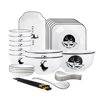 SOGA White Antler Printed Ceramic Dinnerware Set Crockery Soup Bowl Plate Server Kitchen Home Decor Set of 20 • LUZ-BowlG773