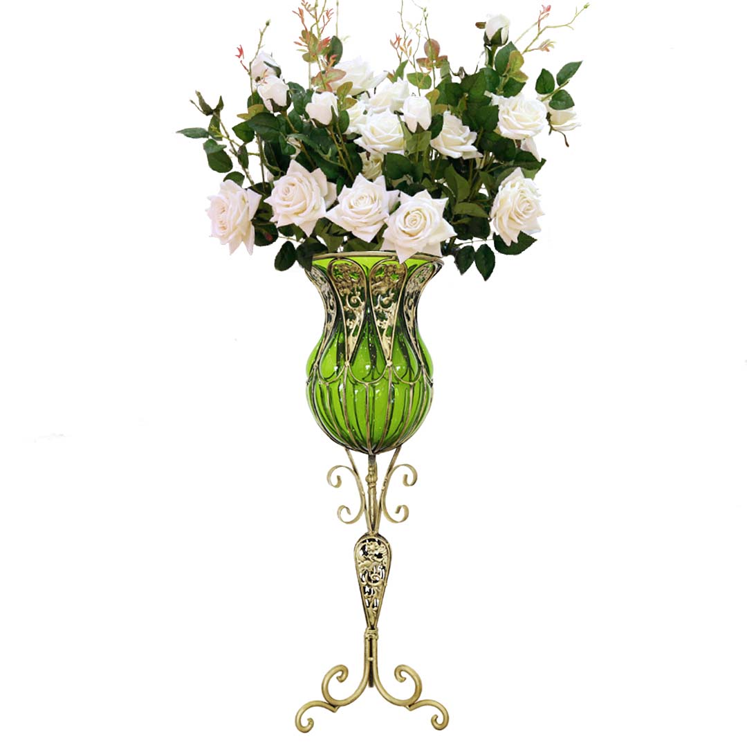 SOGA 85cm Green Glass Tall Floor Vase and 12pcs White Artificial Fake Flower Set • LUZ-Vase3019GreenwWhiteF12