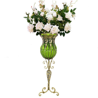 SOGA 85cm Green Glass Tall Floor Vase and 12pcs White Artificial Fake Flower Set • LUZ-Vase3019GreenwWhiteF12
