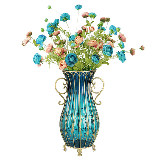 SOGA 51cm Blue Glass Tall Floor Vase with 12pcs Artificial Fake Flower Set • LUZ-Vase4880BluewBlueF12