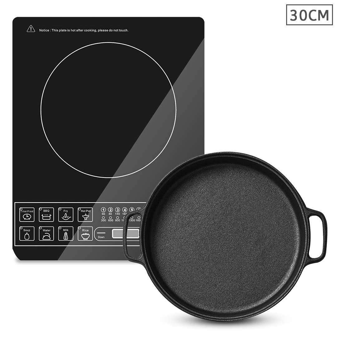 SOGA Electric Smart Induction Cooktop and 30cm Cast Iron Frying Pan Skillet Sizzle Platter • LUZ-ECookt-Sizzle30