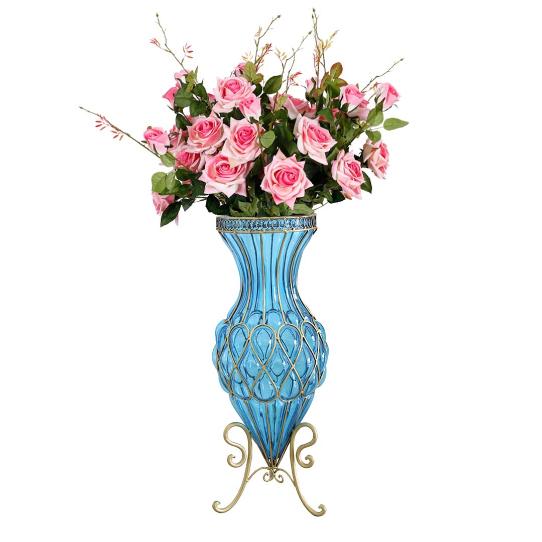 SOGA 67cm Blue Glass Tall Floor Vase and 12pcs Pink Artificial Fake Flower Set • LUZ-Vase0053BluewPinkF12