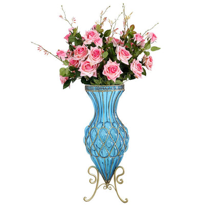 SOGA 67cm Blue Glass Tall Floor Vase and 12pcs Pink Artificial Fake Flower Set • LUZ-Vase0053BluewPinkF12