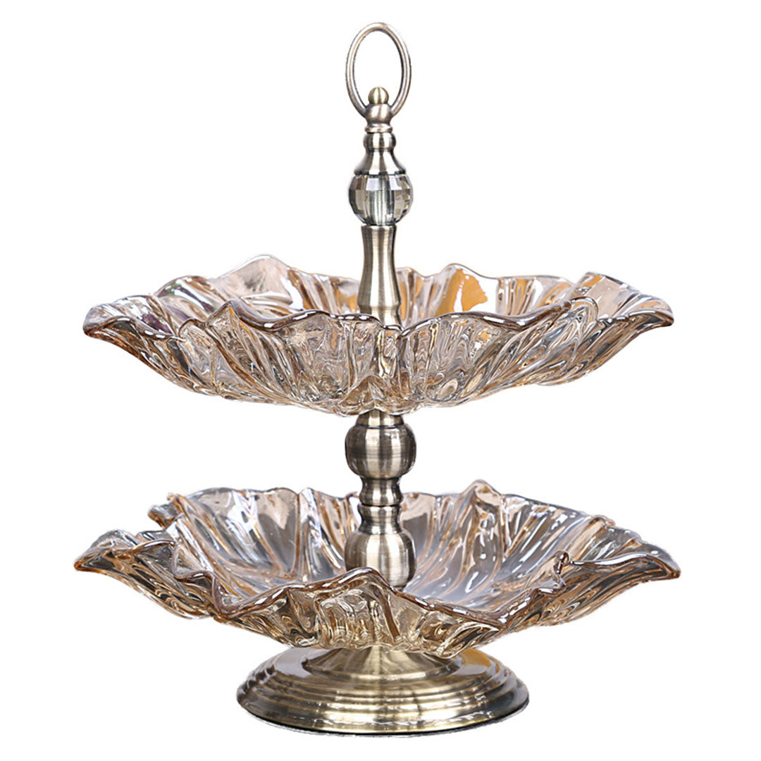 SOGA 2 Tier Bronze Lotus Vertex Crystal Glass Fruit Bowl Candy Holder Countertop Dessert Serving Basket Decor • LUZ-Plate7845