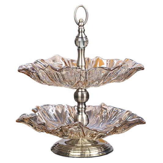 SOGA 2 Tier Bronze Lotus Vertex Crystal Glass Fruit Bowl Candy Holder Countertop Dessert Serving Basket Decor • LUZ-Plate7845