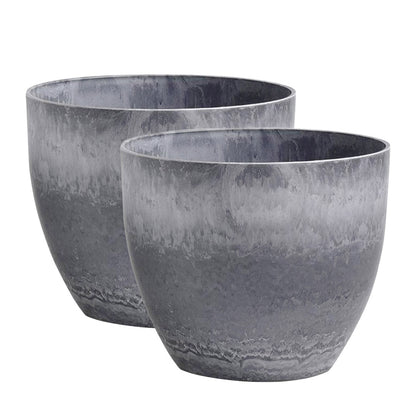 SOGA 2X 27cm Weathered Grey Round Resin Plant Flower Pot in Cement Pattern Planter Cachepot for Indoor Home Office • LUZ-FPotA3210X2