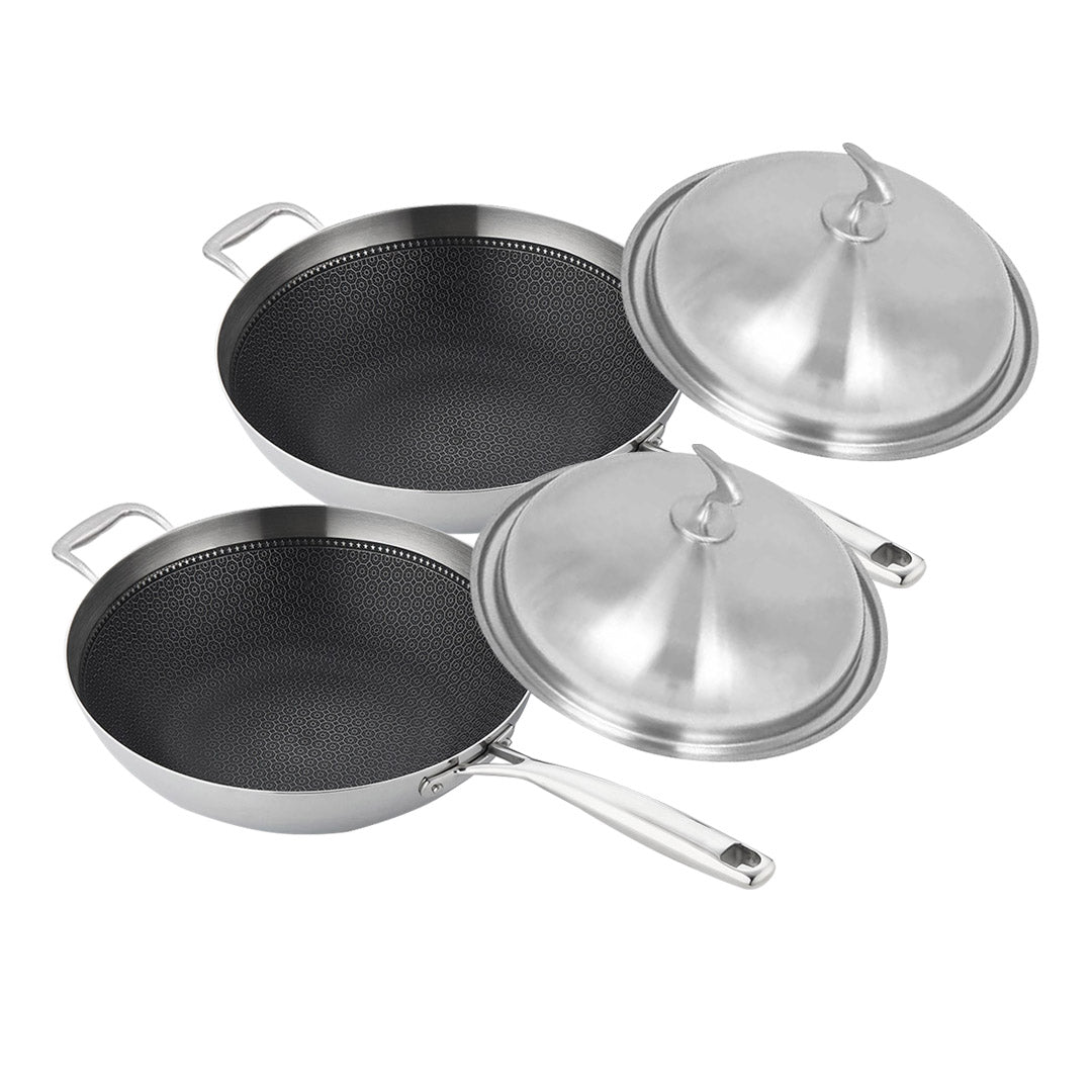 SOGA 2X 18/10 Stainless Steel Fry Pan 34cm Frying Pan Top Grade Textured Non Stick Interior Skillet with Helper Handle and Lid • LUZ-TRIFPS34X2
