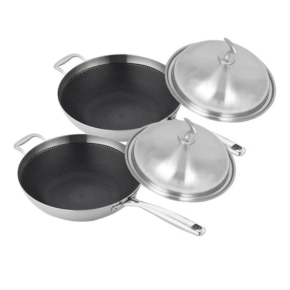SOGA 2X 18/10 Stainless Steel Fry Pan 34cm Frying Pan Top Grade Textured Non Stick Interior Skillet with Helper Handle and Lid • LUZ-TRIFPS34X2