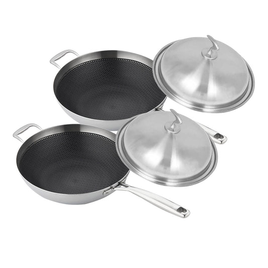 SOGA 2X 18/10 Stainless Steel Fry Pan 34cm Frying Pan Top Grade Textured Non Stick Interior Skillet with Helper Handle and Lid • LUZ-TRIFPS34X2