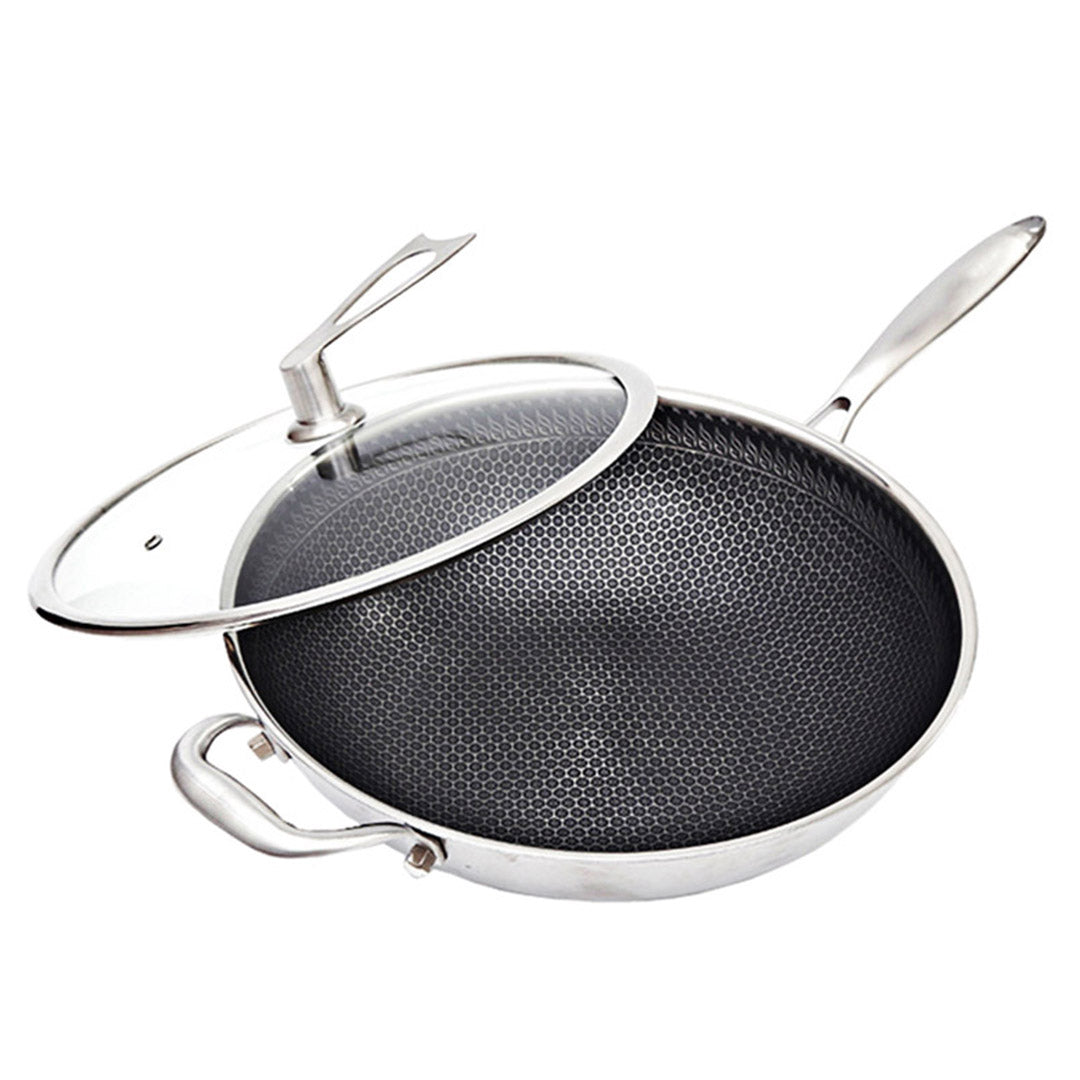 SOGA 34cm Stainless Steel Tri-Ply Frying Cooking Fry Pan Textured Non Stick Skillet with Glass Lid and Helper Handle • LUZ-FryPanTRIFPYZ34