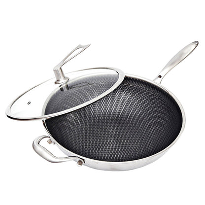 SOGA 34cm Stainless Steel Tri-Ply Frying Cooking Fry Pan Textured Non Stick Skillet with Glass Lid and Helper Handle • LUZ-FryPanTRIFPYZ34