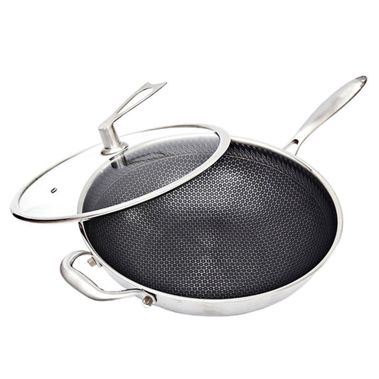 SOGA 34cm Stainless Steel Tri-Ply Frying Cooking Fry Pan Textured Non Stick Skillet with Glass Lid and Helper Handle • LUZ-FryPanTRIFPYZ34