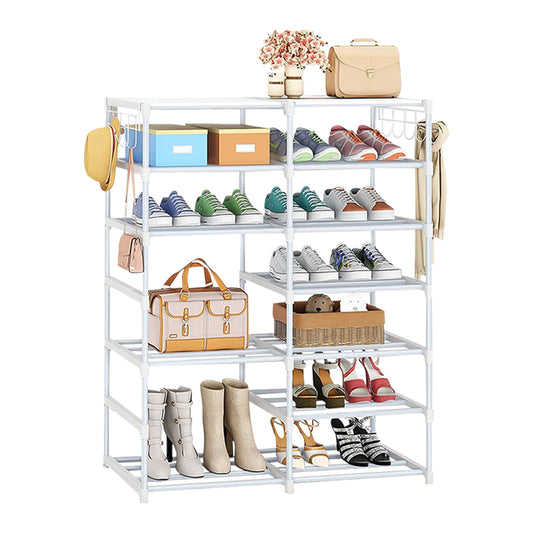 SOGA 12-Shelf Tier Shoe Storage Shelf Space-Saving Caddy Rack Organiser with Side Hooks White • LUZ-Rack0002