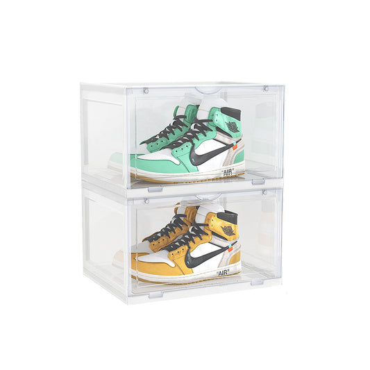 SOGA 2 Tier Transparent Portable Shoe Organiser Sneaker Footwear Folding Plastic Bin Stackable Storage Box with Magnetic Door • LUZ-ShoeA9002WHT