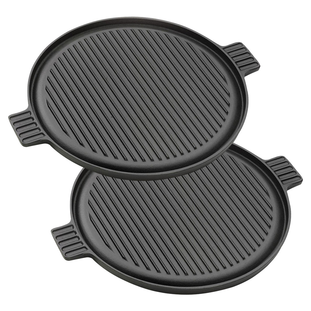SOGA 2X 43cm Round Ribbed Cast Iron Frying Pan Skillet Steak Sizzle Platter with Handle • LUZ-ZPai002X2
