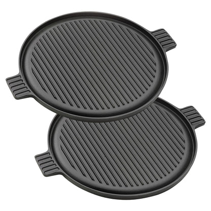 SOGA 2X 43cm Round Ribbed Cast Iron Frying Pan Skillet Steak Sizzle Platter with Handle • LUZ-ZPai002X2